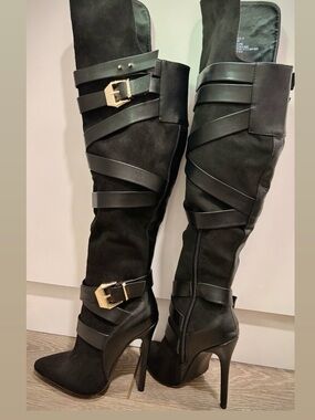 JustFab Black Over-the-Knee Stiletto Boots with Gold Buckles